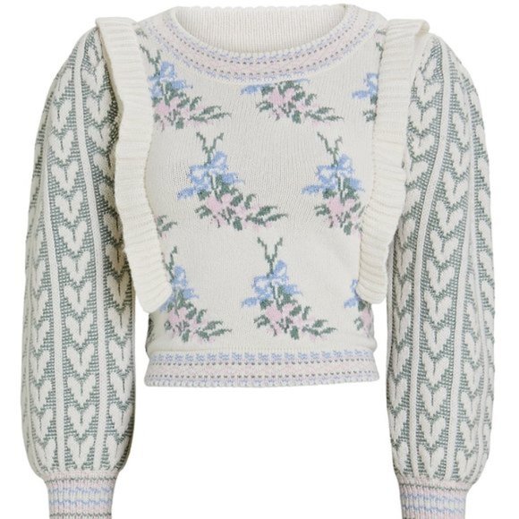 Loveshackfancy Warwick knit sweater floral ruffle hearts XS - Picture 6 of 17